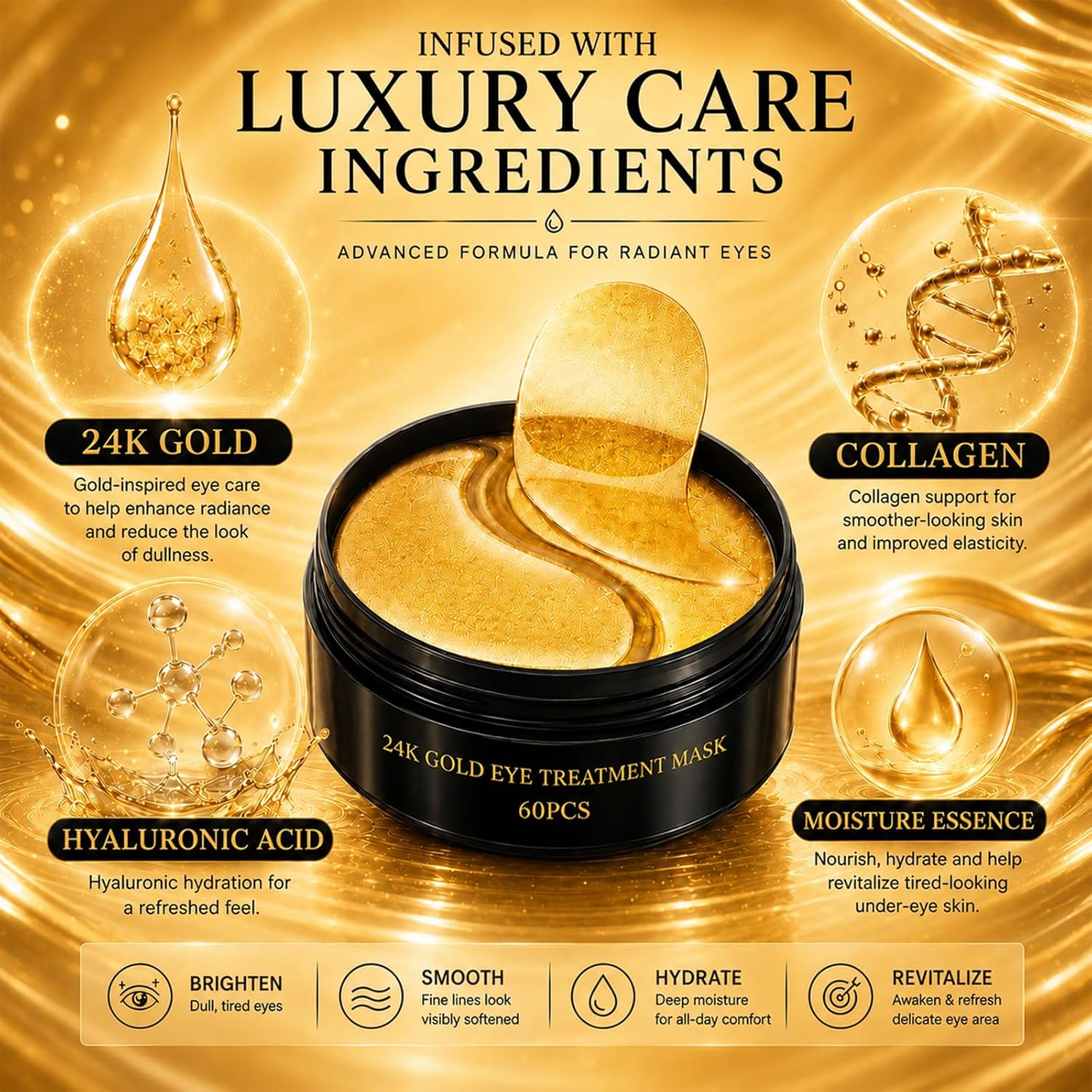 EELHOE 24K Gold Eye Patches – Anti‑Aging, Dark Circle & Puffiness Relief (60 pcs)