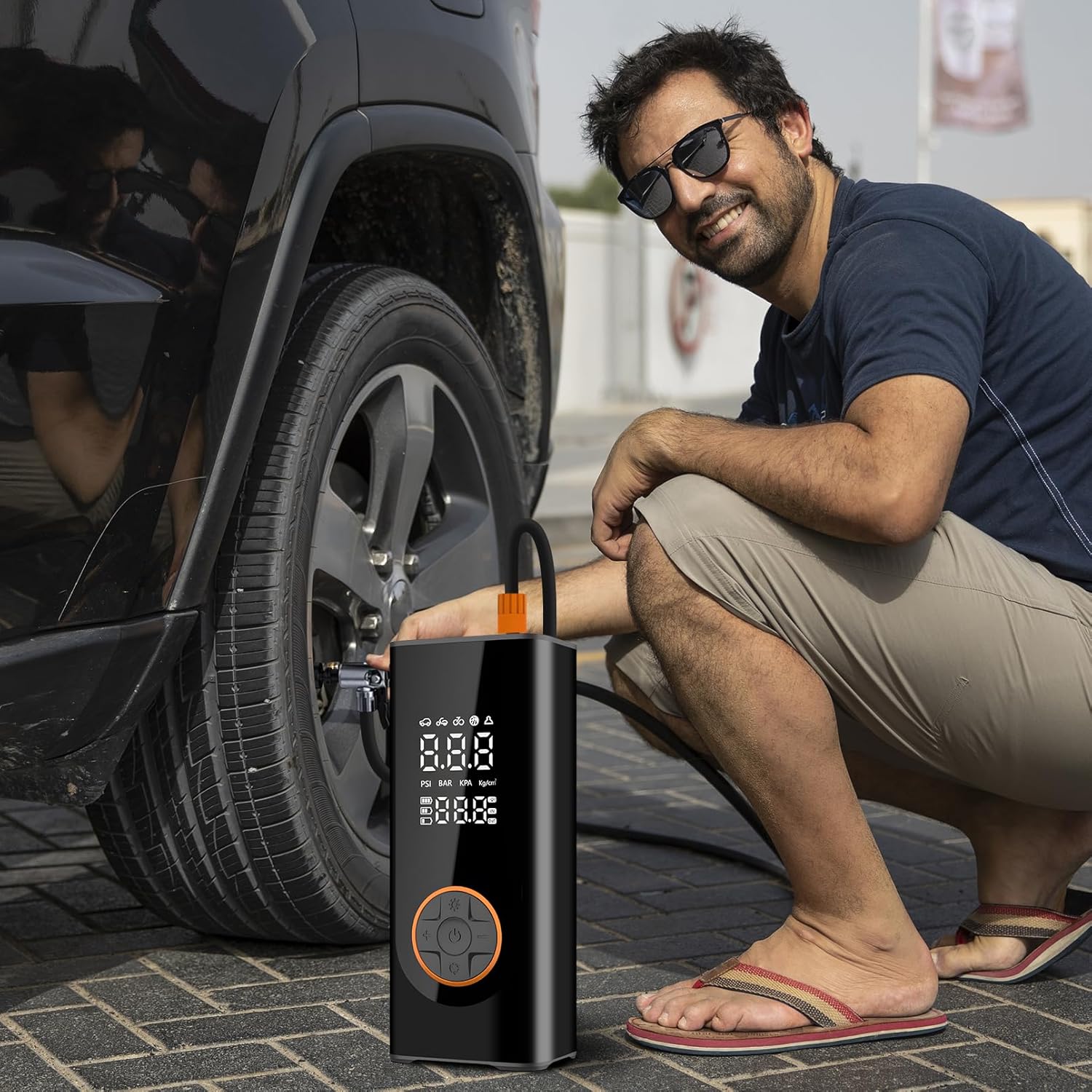 Bomba de neumáticos portátil para automóvil, compresor de aire inalámbrico para inflador de neumáticos de coche, mini bomba eléctrica para bicicleta con manómetro digital de 150 PSI, pantalla de doble
