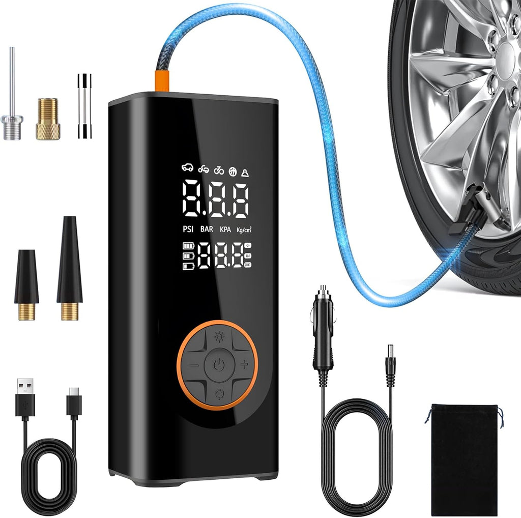 Bomba de neumáticos portátil para automóvil, compresor de aire inalámbrico para inflador de neumáticos de coche, mini bomba eléctrica para bicicleta con manómetro digital de 150 PSI, pantalla de doble
