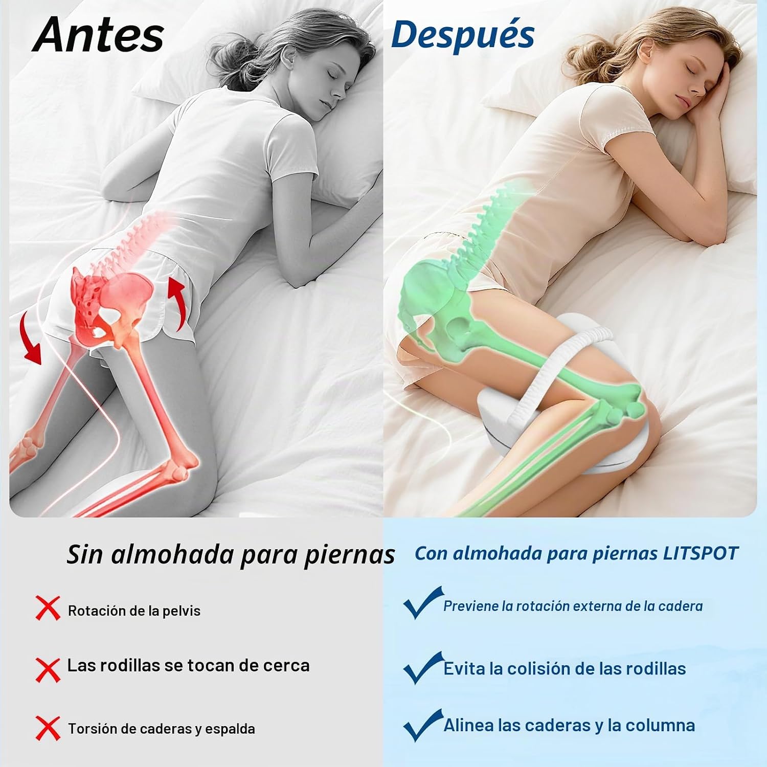OrtoPrime Almohada Ortopédica Piernas y Rodillas Confort Cojín Piernas para Dormir de Lado - Almohada para Rodillas Libera la Presión Alivia la Tensión y Corrige la Espalda - Efecto Memoria