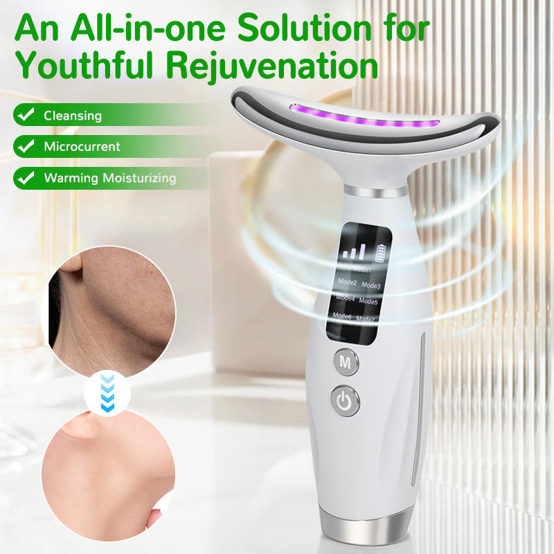 Masajeador portátil para cuello y rostro: dispositivo de belleza facial con vibración y luces LED de 7 colores para el cuidado de la piel.